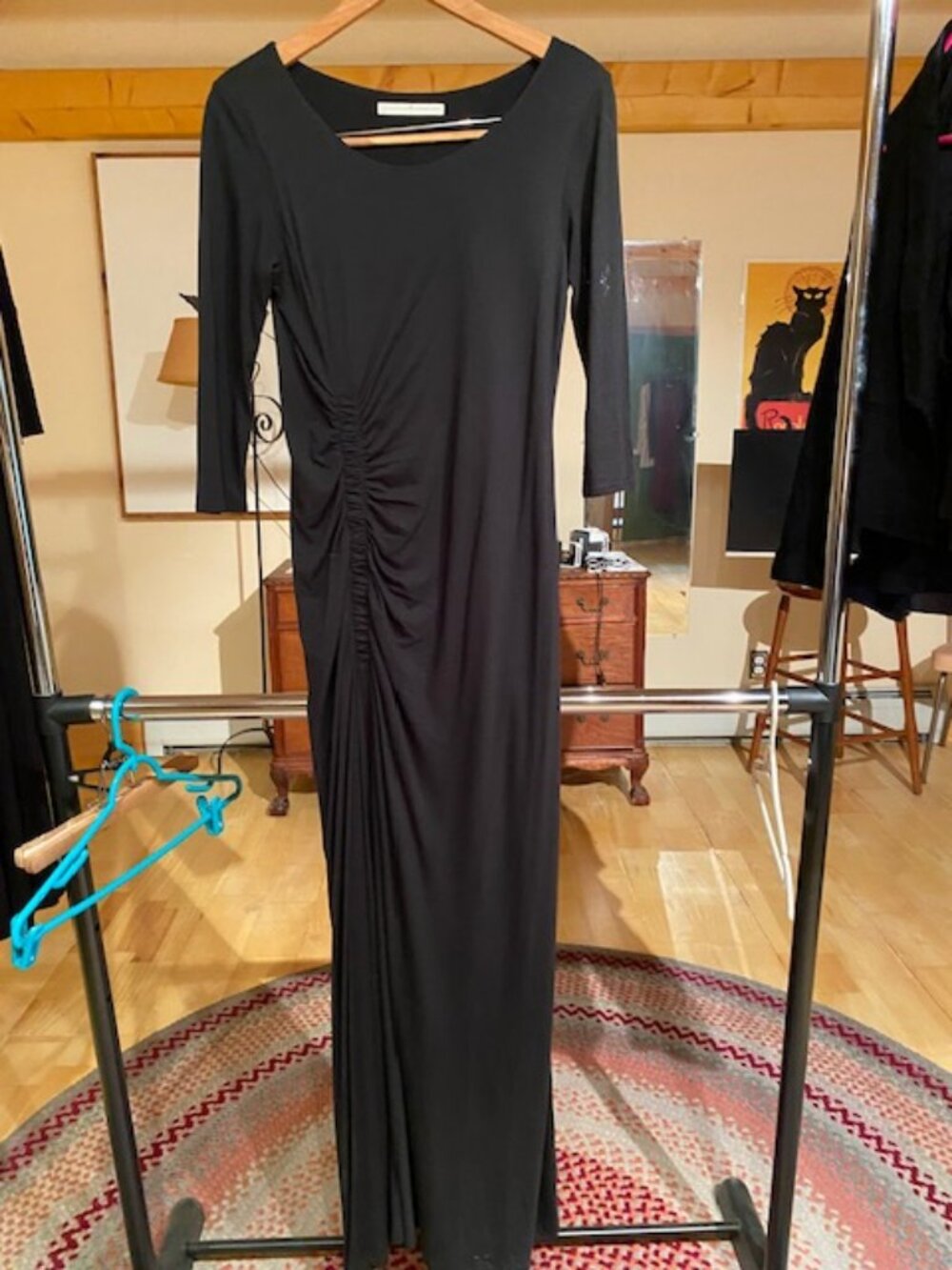 Peruvian Connection Long Black Dress, SZ S, Cotton, Modal, Side slit, 3/4 sleeve